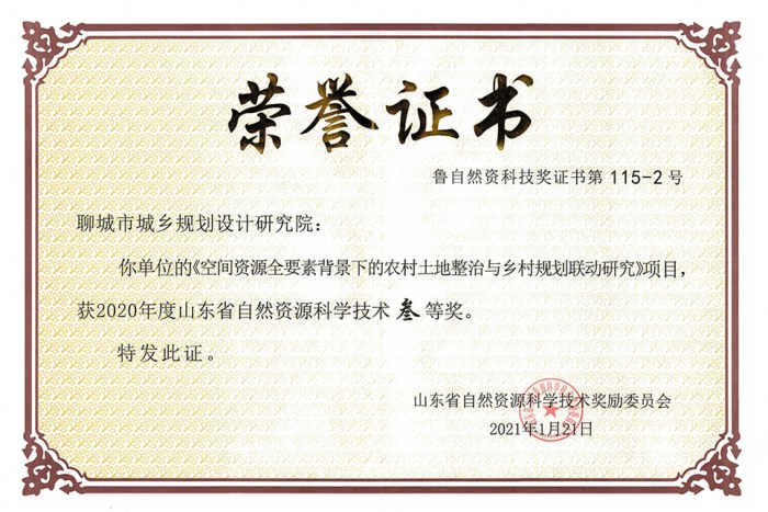 山東省自然資源科學技術(shù)三等獎